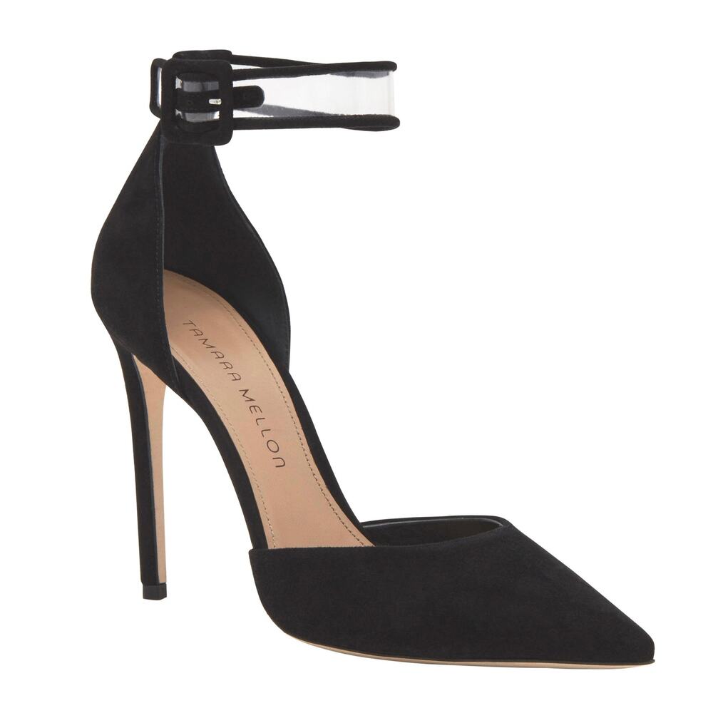 Tamara Mellon Black Suede Pointed Toe Ankle-Strap Stiletto